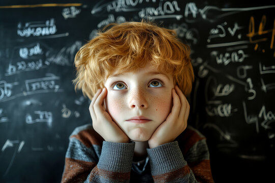 Redhead boy feeling overwhelmed in front of a chalkboard