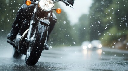 A motorcycle rides through rain-soaked streets, showcasing the dynamic energy of a wet weather journey.