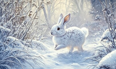 White rabbit running through snowy forest.