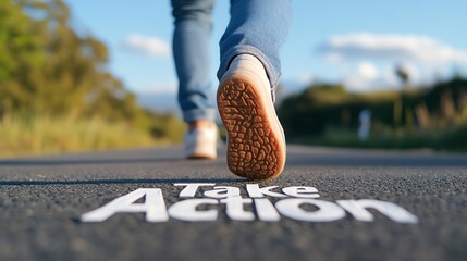 A person walking on a road with the motivational phrase 'Take Action' written on the ground, symbolizing progress and determination.
