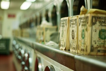 Obraz premium Stacks of dollar bills are sitting on top of washing machines in a laundromat