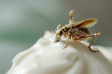 Fototapeta premium Cricket eating white cream on blurred background edible insects food of the future