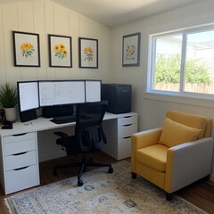 Fototapeta premium A modern home office with dual monitors, a cozy chair, and floral decor.