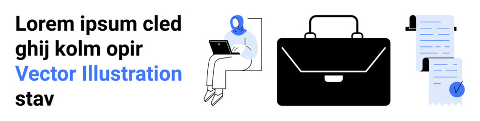 Person in blue hoodie working on laptop, black briefcase, documents with check marks. Ideal for business, remote work, office scenarios, education, freelance, presentations, landing page