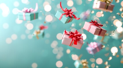 Fototapeta premium Colorful Pastel Gift Boxes with Bokeh Background