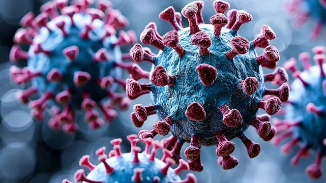 The visual represents coronavirus particles magnified under a microscope, highlighting their unique spike proteins and intricate structure, emphasizing their pathogenic nature