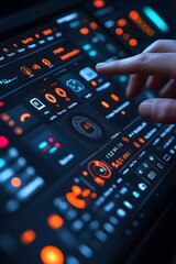 A close-up of a hand interacting with a digital touchscreen interface displaying controls.