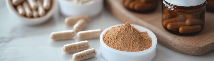 Close-up of herbal supplements, powders, and capsules on a marble surface, promoting health and wellness with natural remedies.