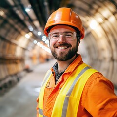 Fototapeta premium Cheerful engineer in front of a tunnel project, holding a safety hat