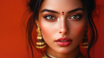 Fototapeta premium A stunning Indian woman with expressive eyes, gazing directly
