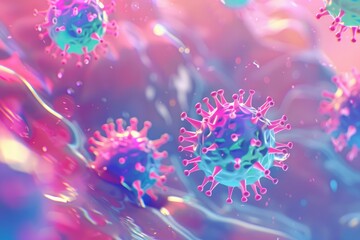 Microscopic view of colorful coronavirus cells floating in a body fluid