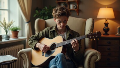Obraz premium Young man playing acoustic guitar in a cozy living room, immersed in music and relaxation, representing creativity, passion, and the art of musical expression. 