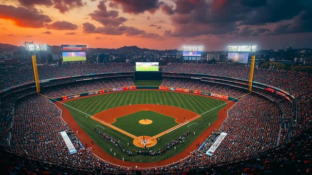 A panoramic view of a packed baseball stadium during a game at sunset