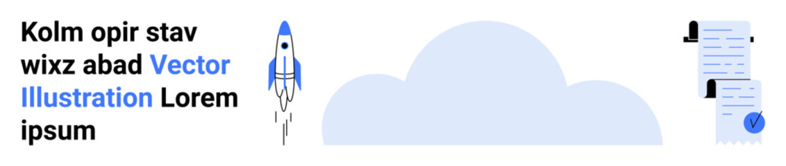 Rocket launching into cloud, two documents with checkmark icons and text. Ideal for business growth, startups, technology, cloud computing, project management, digital documentation, and website