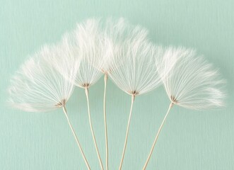 Close-up of five white dandelion seed heads arranged in a fan shape against a pale blue background.