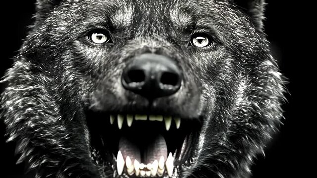 A close-up image of a wolf snarling with its teeth bared