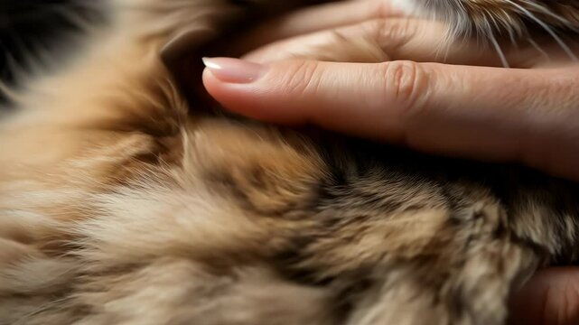 Fluffy cat's fur and owner&rsquo;s fingers  running through it