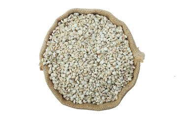 Job's tears or adlay or adlay millet, in sack back top view flat lay isolated on white background with clipping path stacking