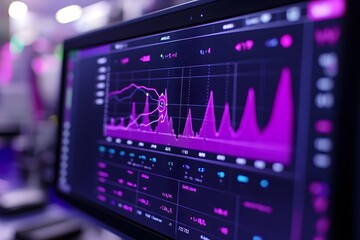 A close-up of a digital screen displaying colorful data visualizations and graphs.