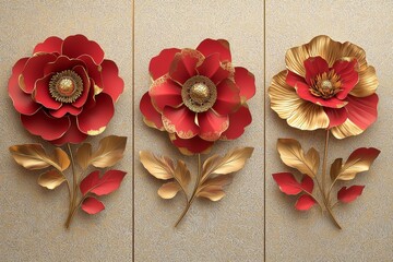 A set of three luxurious 3D floral wall art panels in red and gold, featuring highly detailed flowers with a metallic sheen