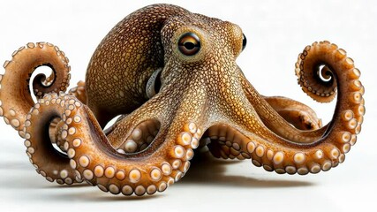 A brown octopus with large eyes rests on a white background