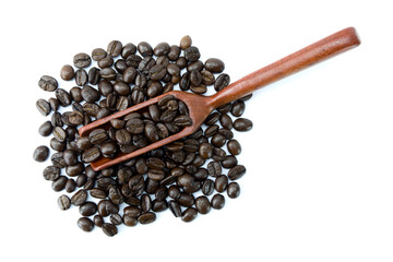 Roasted coffee beans in wooden scoop and outside top view flat lay stacking