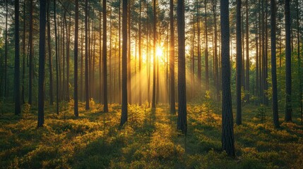 A dense pine forest full of tall trees, sunlight through the branches, creating a peaceful atmosphere