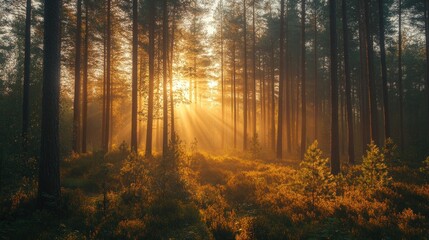 Fototapeta premium A dense pine forest full of tall trees, sunlight through the branches, creating a peaceful atmosphere