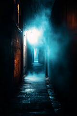 Fototapeta premium Creepy alley at night with neon lighting and mist.