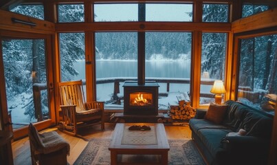 Cozy cabin with fireplace and snowy view.