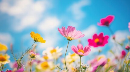 Obraz premium A field of vibrant wildflowers in full bloom, gently swaying in the soft spring breeze under a bright blue sky