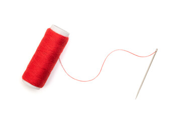 Sewing needle with red thread isolated on white, top view