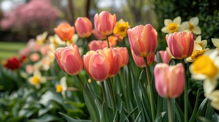 Obraz premium A garden filled with blossoming tulips and daffodils, creating a sea of colors with fresh green leaves in the background