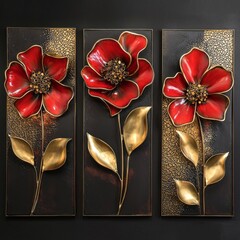 A set of three luxurious 3D floral wall art panels in red and gold, featuring highly detailed flowers with a metallic sheen