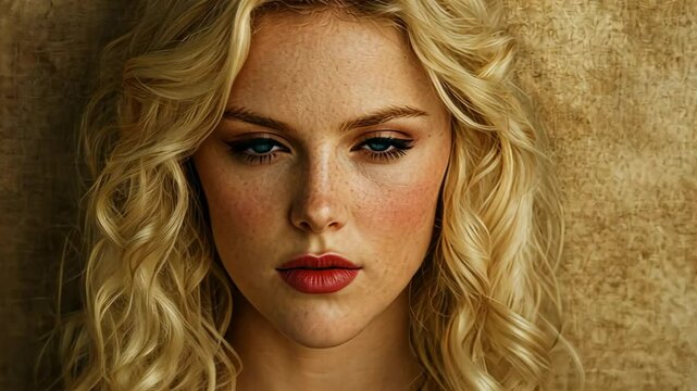 A woman with long blonde curls stares intently at the camera