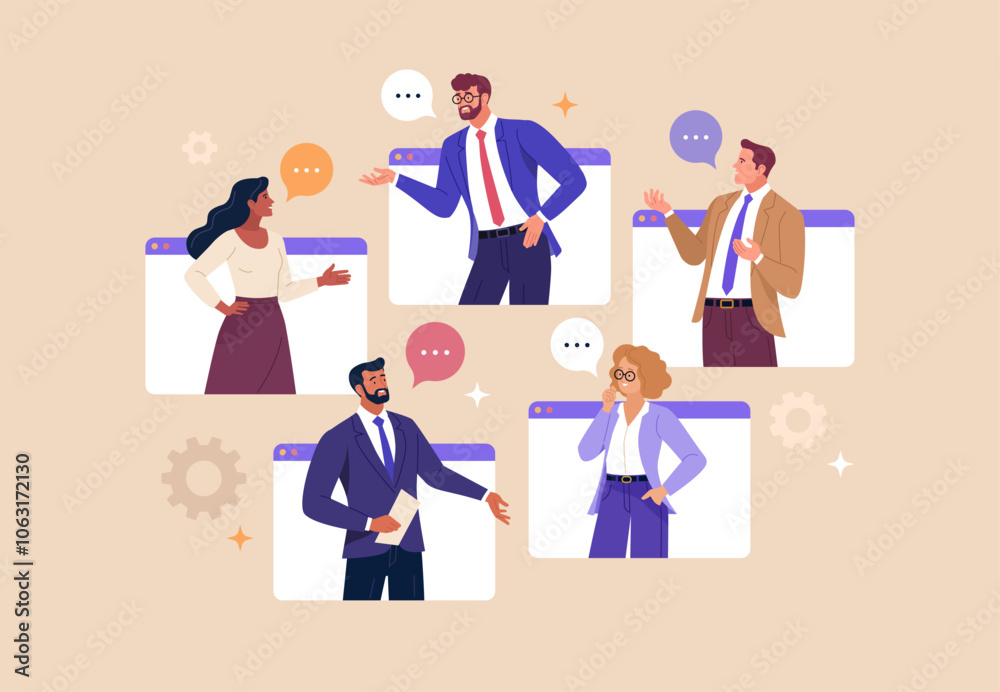 Aufkleber online business discussion concept. vector illustration of diverse people in web pages windows leadi