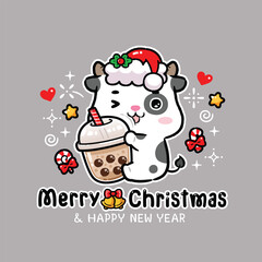 Cute Cow Wearing Santa Hat Hugging Bubble Milk Tea, Celebrate Christmas, Greeting Card