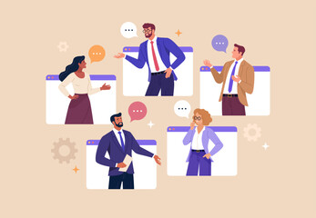 Online Business Discussion Concept. Vector illustration of diverse people in web pages windows leading discussion. Isolated on background