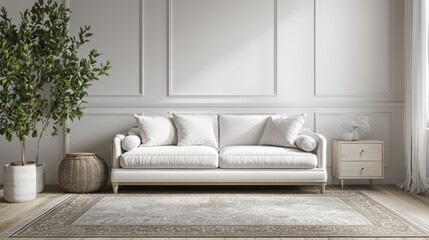 A white-themed living room featuring a modern sofa, a stylish drawer,