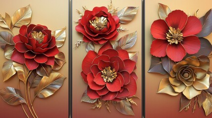 A set of three luxurious 3D floral wall art panels in red and gold, featuring highly detailed flowers with a metallic sheen