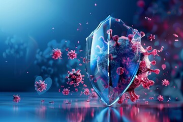 3d render illustration of a glass shield protecting from coronavirus cells floating in the air with a blue background
