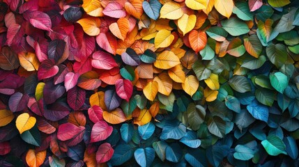 Fototapeta premium A leaf wall with colorful leaves creates a vibrant pattern and adds depth to the background.