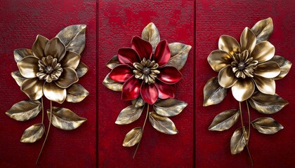 A set of three luxurious 3D floral wall art panels in red and gold, featuring highly detailed flowers with a metallic sheen