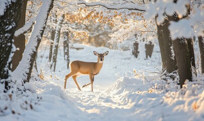 A deer stands in a snowy forest.