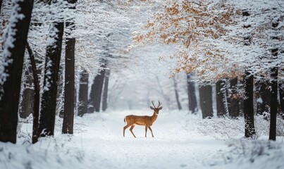 Deer walks through snowy forest path.