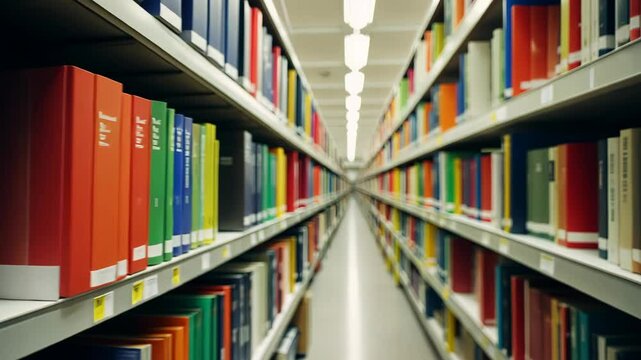 A long aisle of bookshelves in a library, filled with books of various colors and sizes