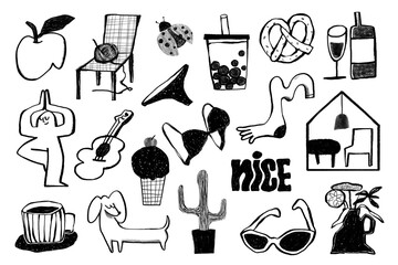 Minimal lifestyle doodle png set, edgy design elements on transparent background