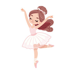 Pretty and gentle ballerina girl in white and pink dress dancing on white background. Poster, Banner, Flyer, Greeting Card. Vector illustration in flat cartoon style