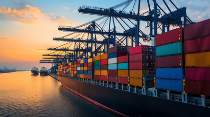 Naklejka premium Stacked Shipping Containers and Cargo Ship at Sunset in Industrial Port