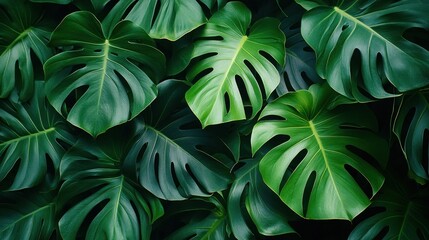 Obraz premium A monstera leaf pattern that spreads rhythmically, with clear and balanced lines.
